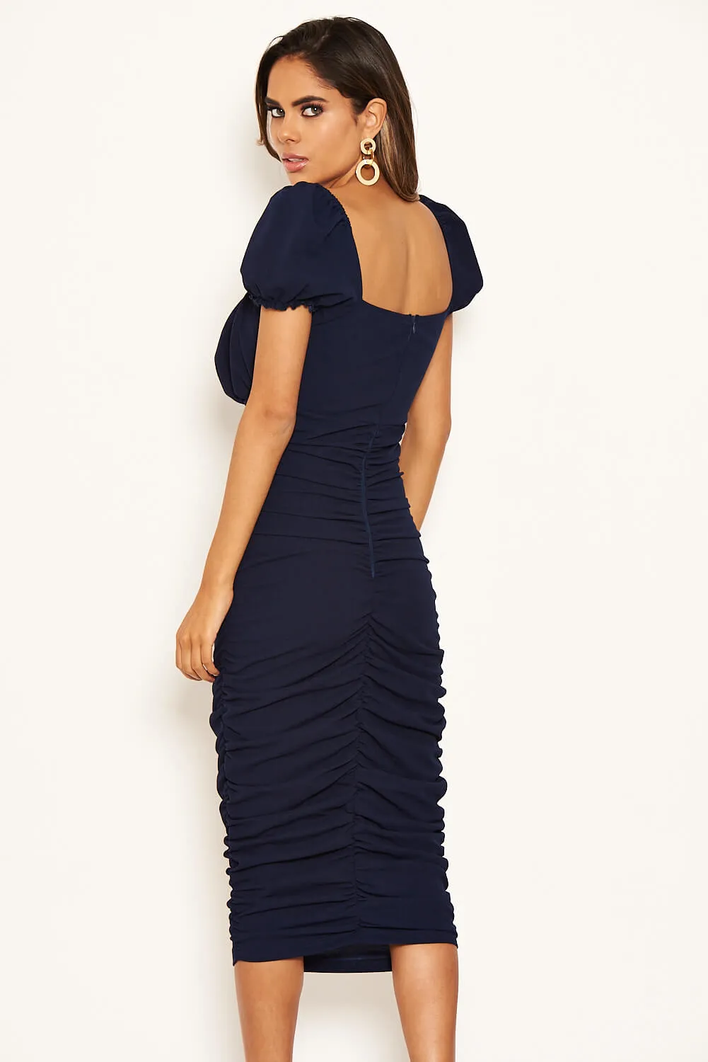 Navy Puff Sleeve Ruched Bodycon Midi Dress sold by AX Paris product image thumbnail 5