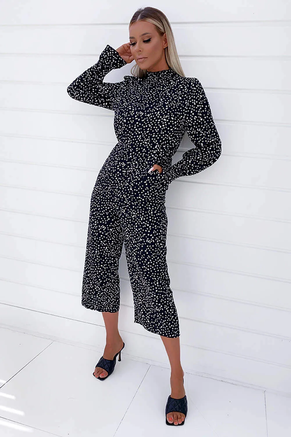 Black Spotty High Neck Elastic Jumpsuit sold by AX Paris product image thumbnail 3