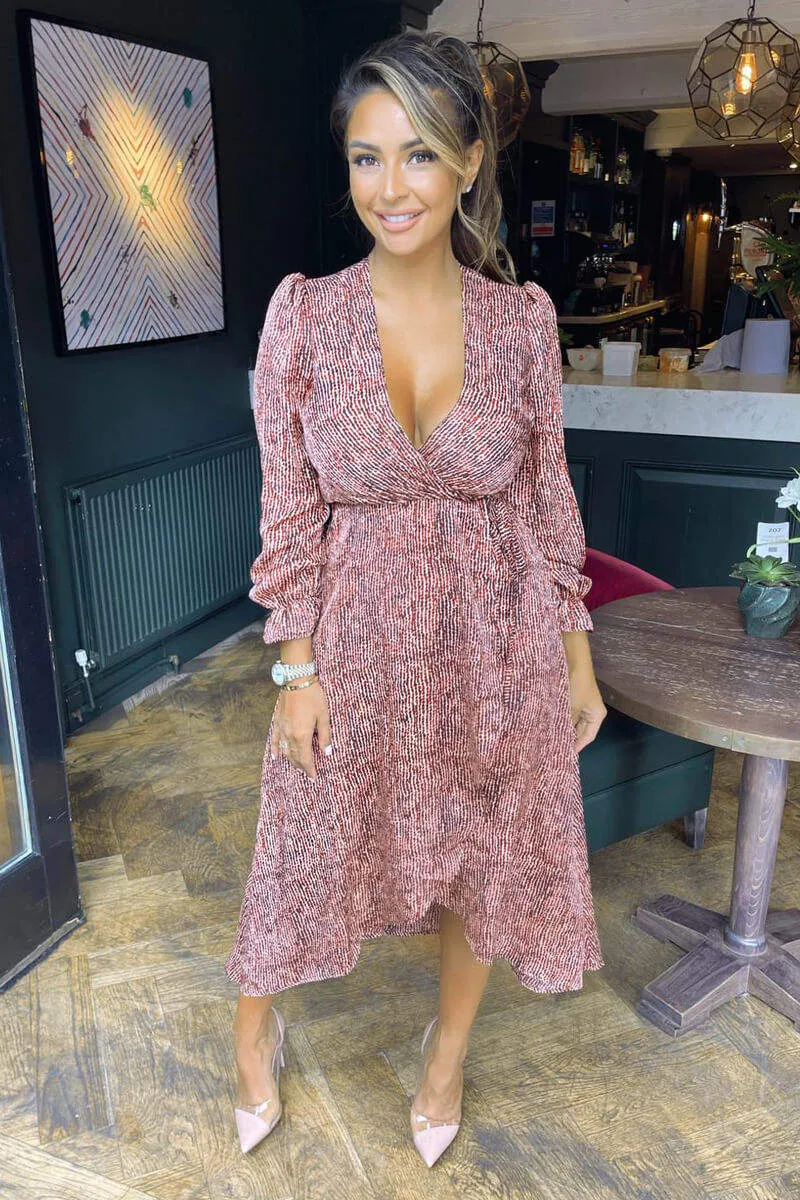 Red Printed Tie Side Wrap Over Midi Dress sold by AX Paris