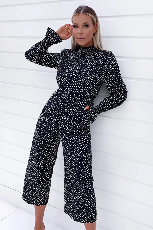 Black Spotty High Neck Elastic Jumpsuit sold by AX Paris