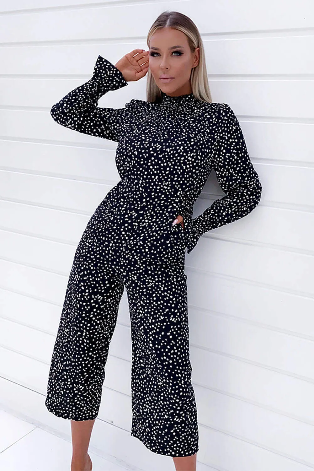 Black Spotty High Neck Elastic Jumpsuit sold by AX Paris