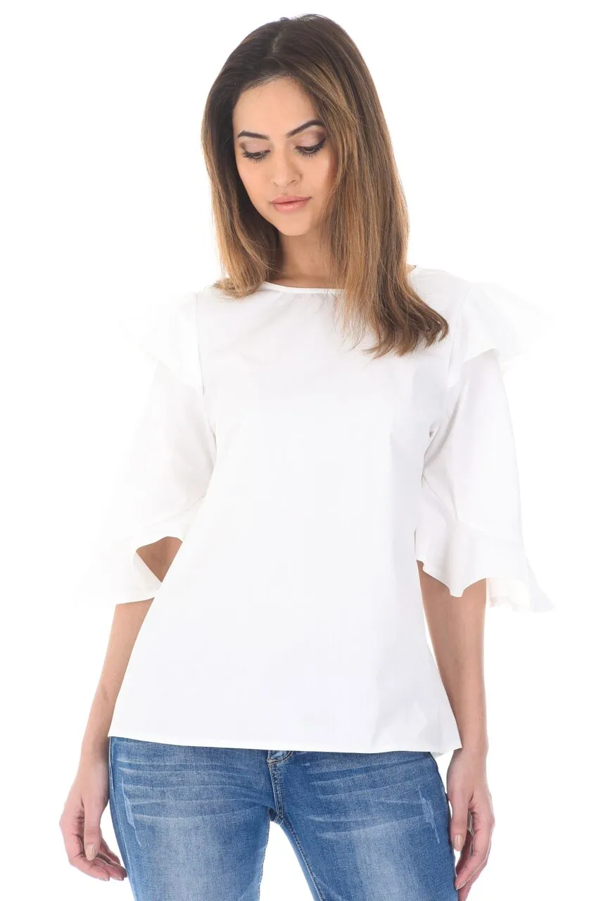Cream Double Frill Sleeved Shirt sold by AX Paris