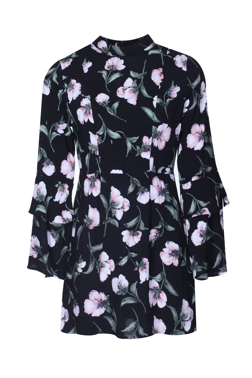 Black Floral Mini With Long Frill Bell Sleeves sold by AX Paris product image thumbnail 4