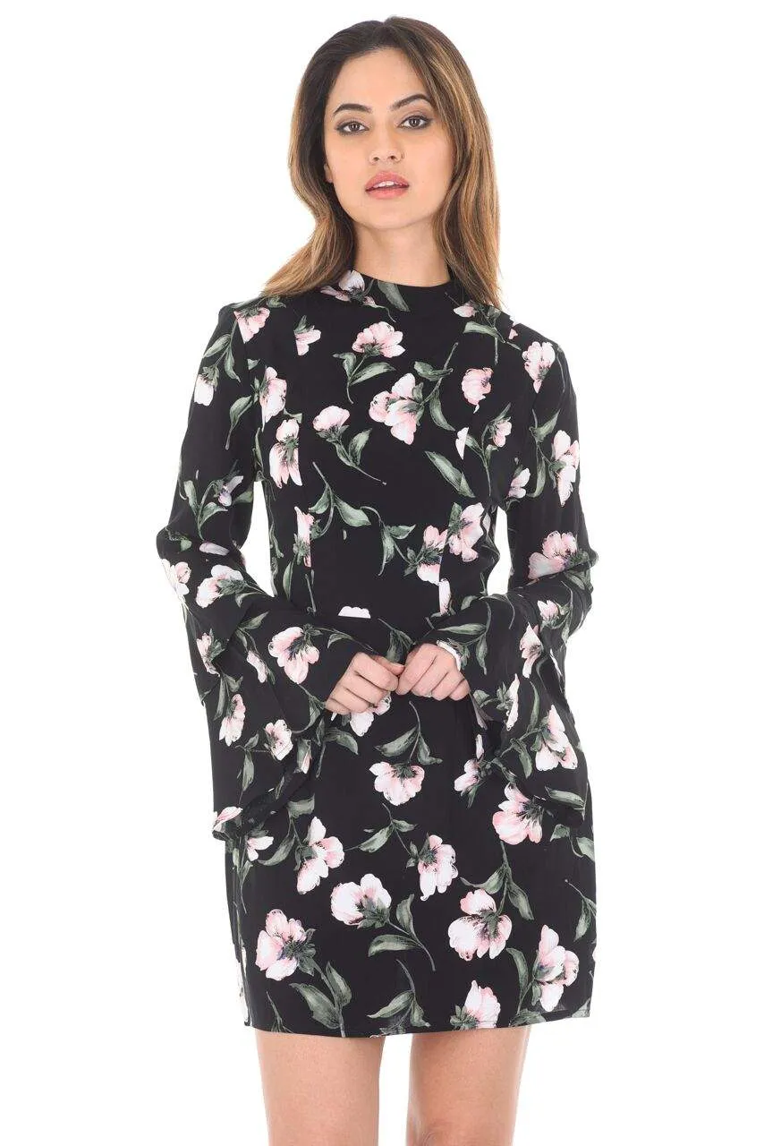 Black Floral Mini With Long Frill Bell Sleeves sold by AX Paris