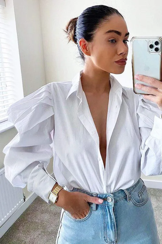 Cream Poplin Puff Sleeve Shirt sold by AX Paris