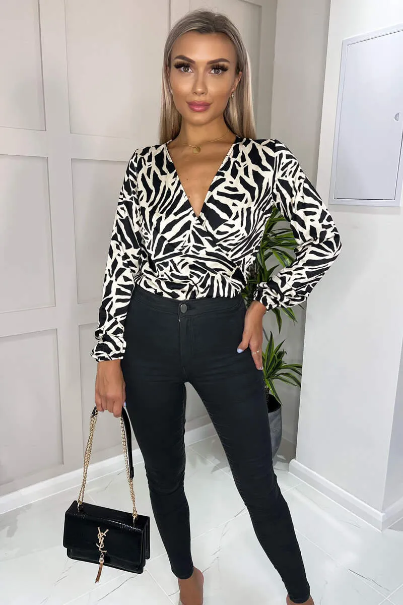 Black And Stone Animal Print Long Sleeve Wrap Over Bodysuit sold by AX Paris product image thumbnail 3