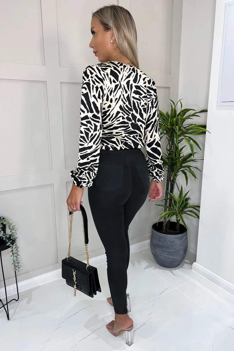 Black And Stone Animal Print Long Sleeve Wrap Over Bodysuit sold by AX Paris product image thumbnail 4