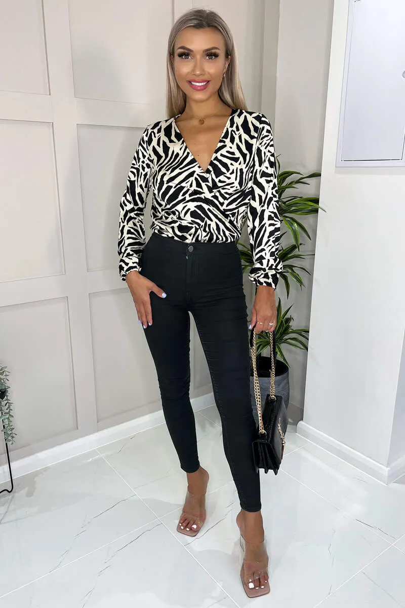 Black And Stone Animal Print Long Sleeve Wrap Over Bodysuit sold by AX Paris product image thumbnail 2