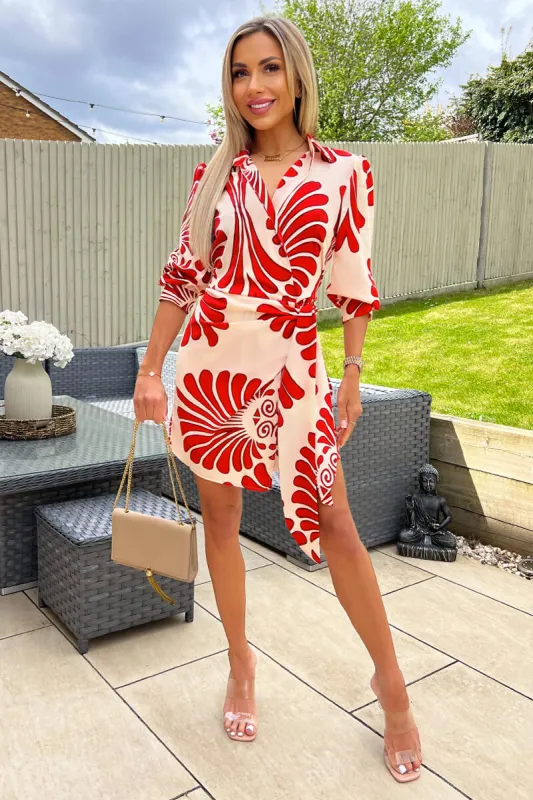 Burnt Orange Abstract Print Gathered Wrap Shirt Mini Dress sold by AX Paris