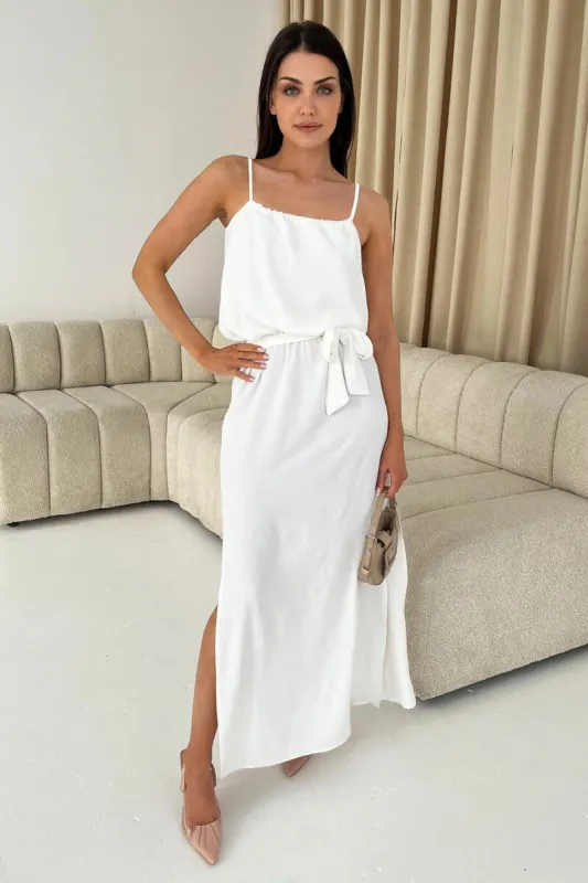 Cream Tie Waist Strappy Split Leg Midi Dress sold by AX Paris