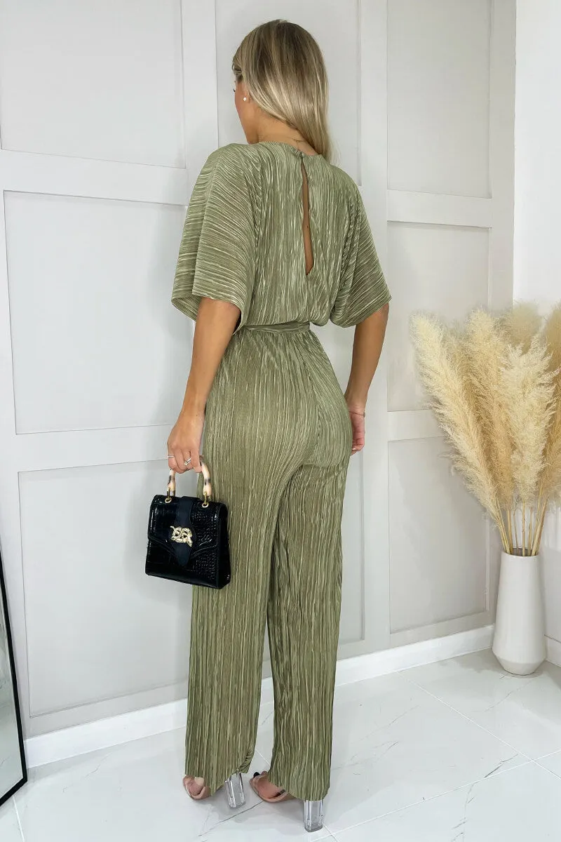Light Khaki Wide Sleeve Tie Waist Plisse Jumpsuit sold by AX Paris product image thumbnail 4