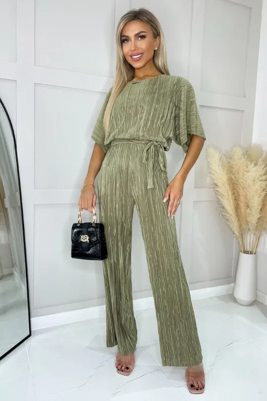 Light Khaki Wide Sleeve Tie Waist Plisse Jumpsuit sold by AX Paris