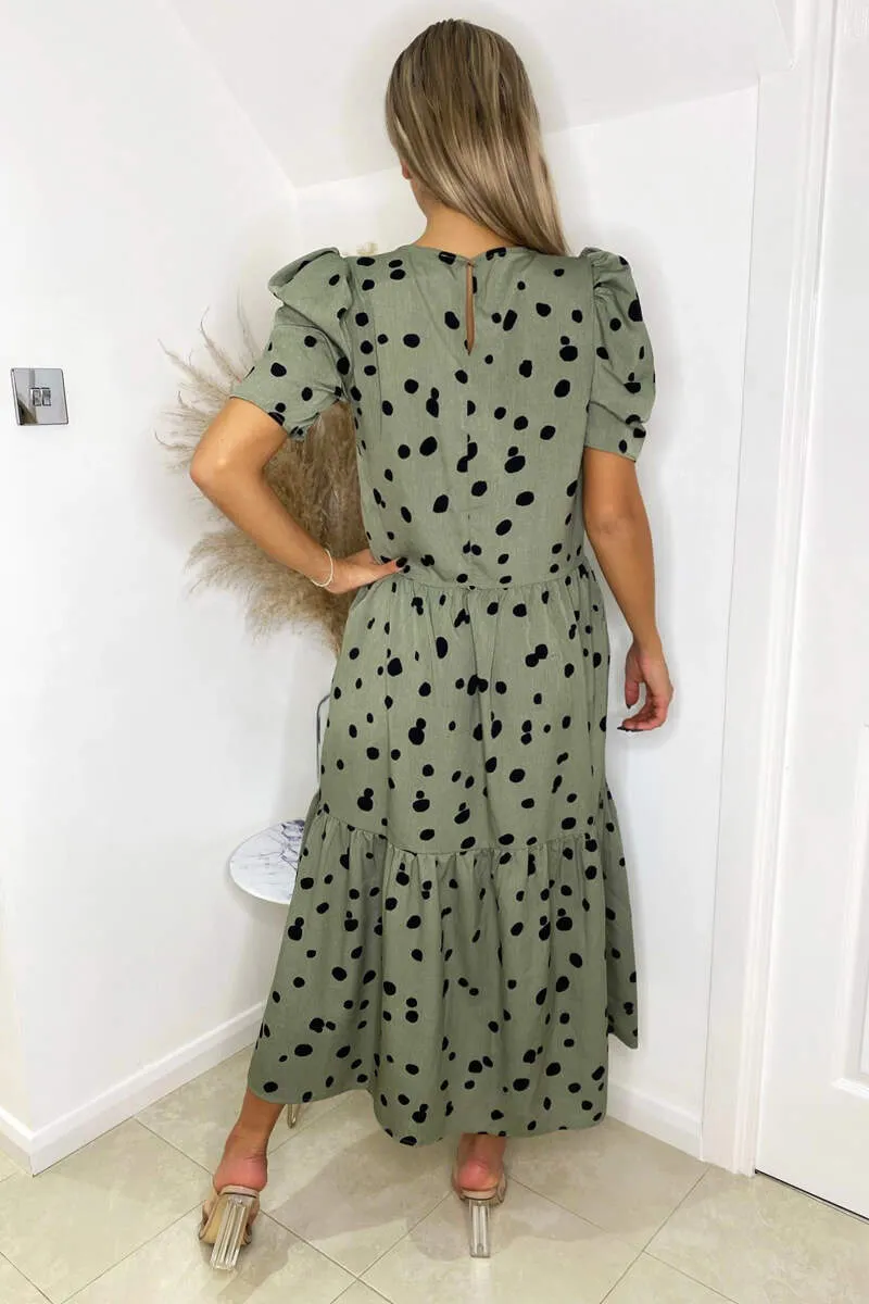 Khaki Polka Dot Short Sleeve Tiered Midi Dress sold by AX Paris product image thumbnail 4