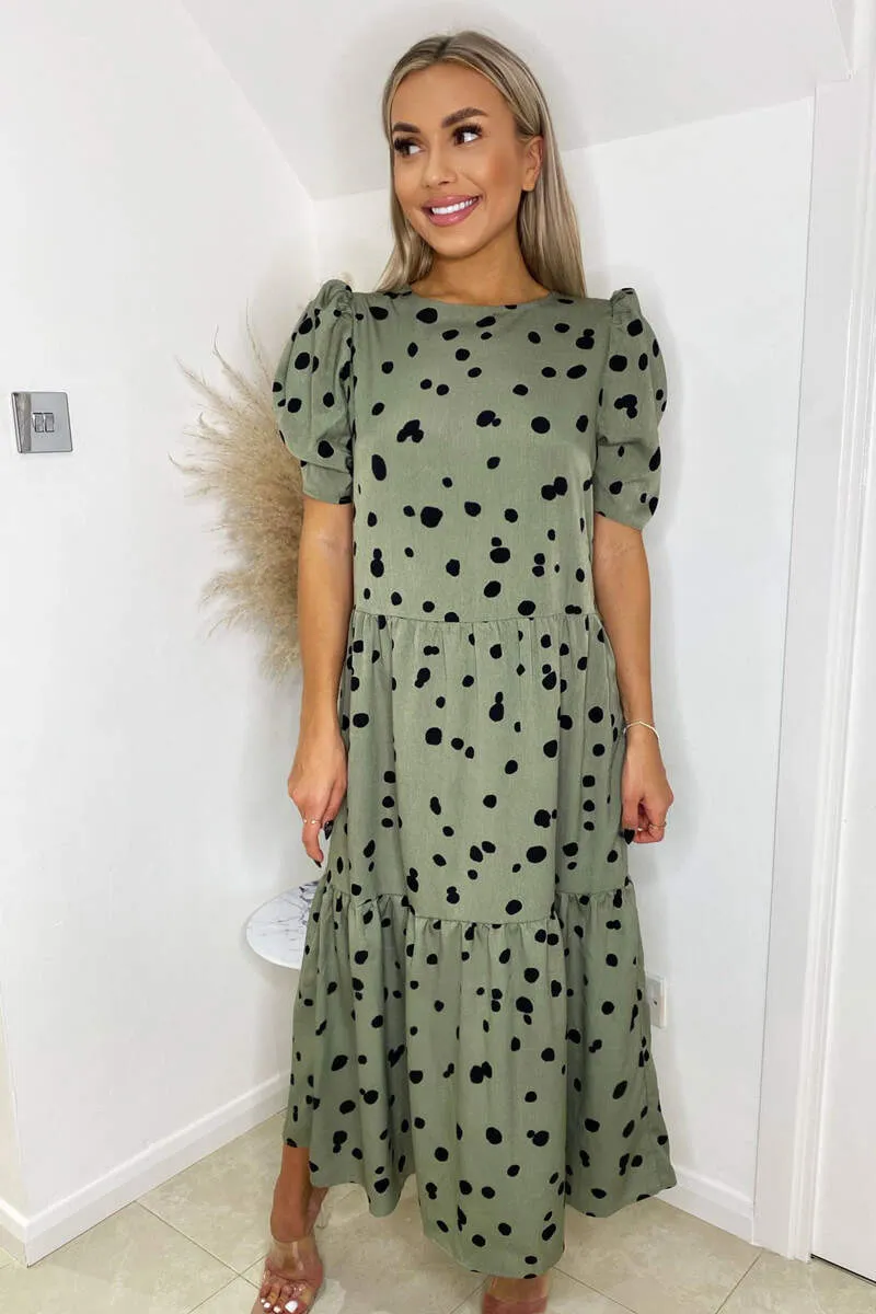 Khaki Polka Dot Short Sleeve Tiered Midi Dress sold by AX Paris product image thumbnail 3