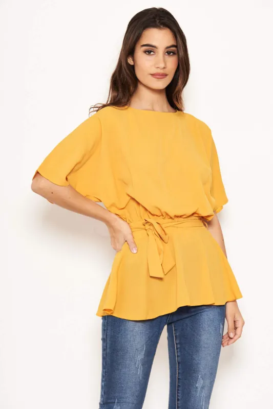 Yellow Tie Belt Top made by AX Paris