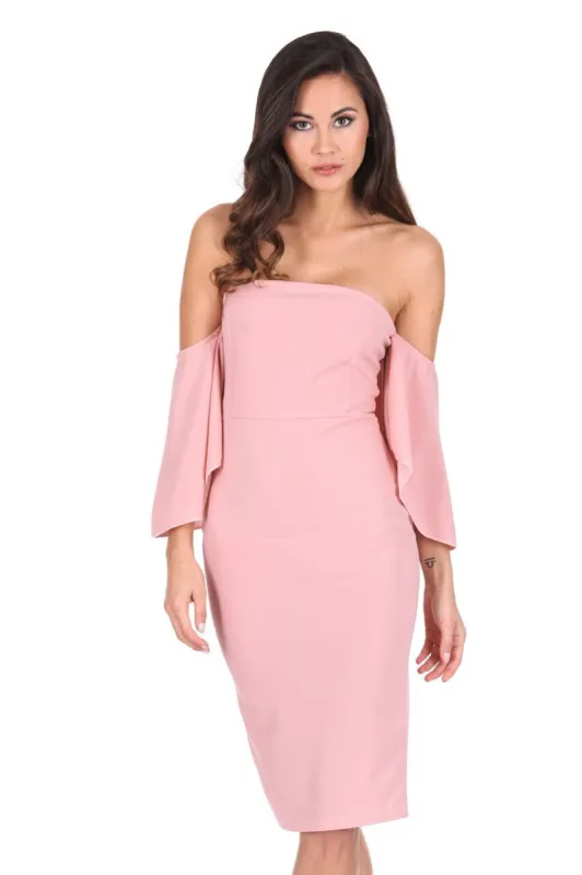 Blush Bardot Frill Sleeve Midi Dress sold by AX Paris