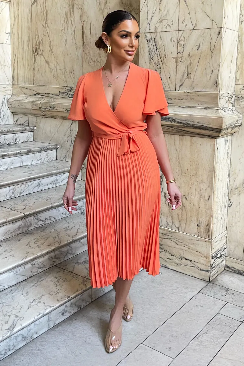 Peach Pleated Midi Dress with Tie Waist sold by AX Paris