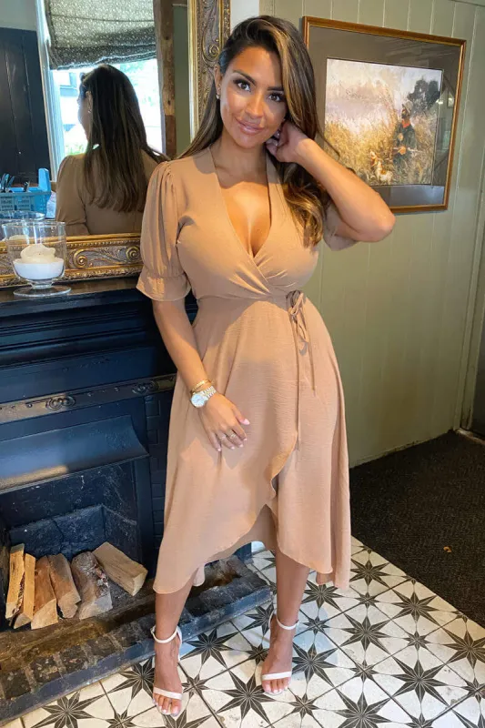 Mocha Wrap Side Tie Midi Dress sold by AX Paris
