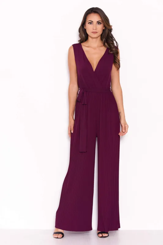 Plum Pleated Tie-Waist Jumpsuit sold by AX Paris
