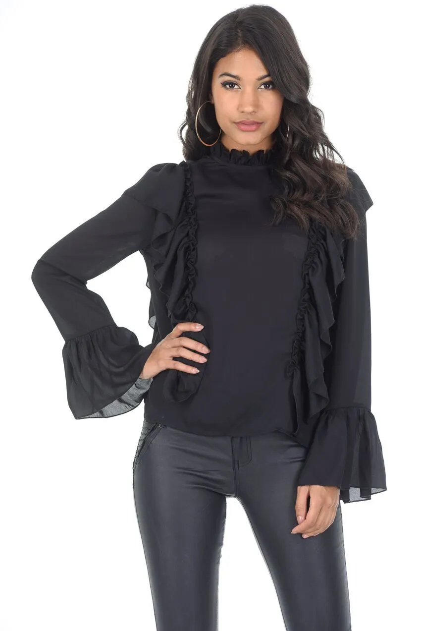 Black Frill Long Sleeved Top sold by AX Paris