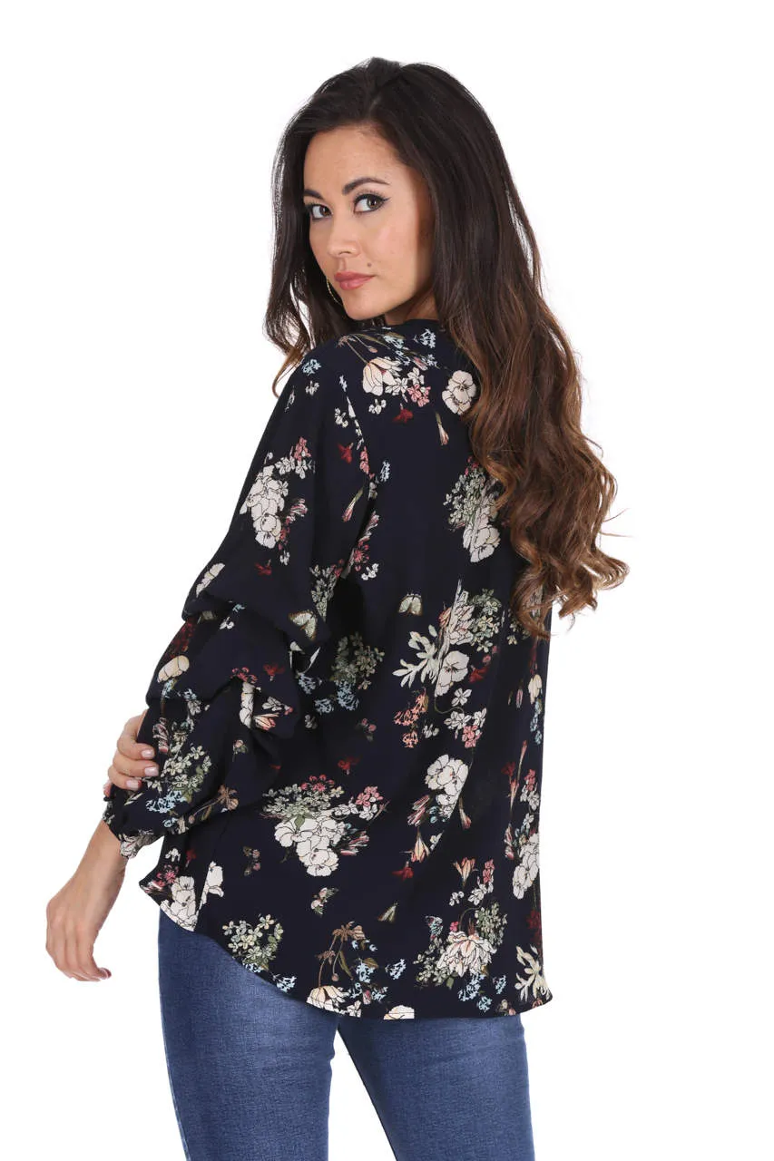 Navy Floral Ruched Sleeved Top sold by AX Paris product image thumbnail 3