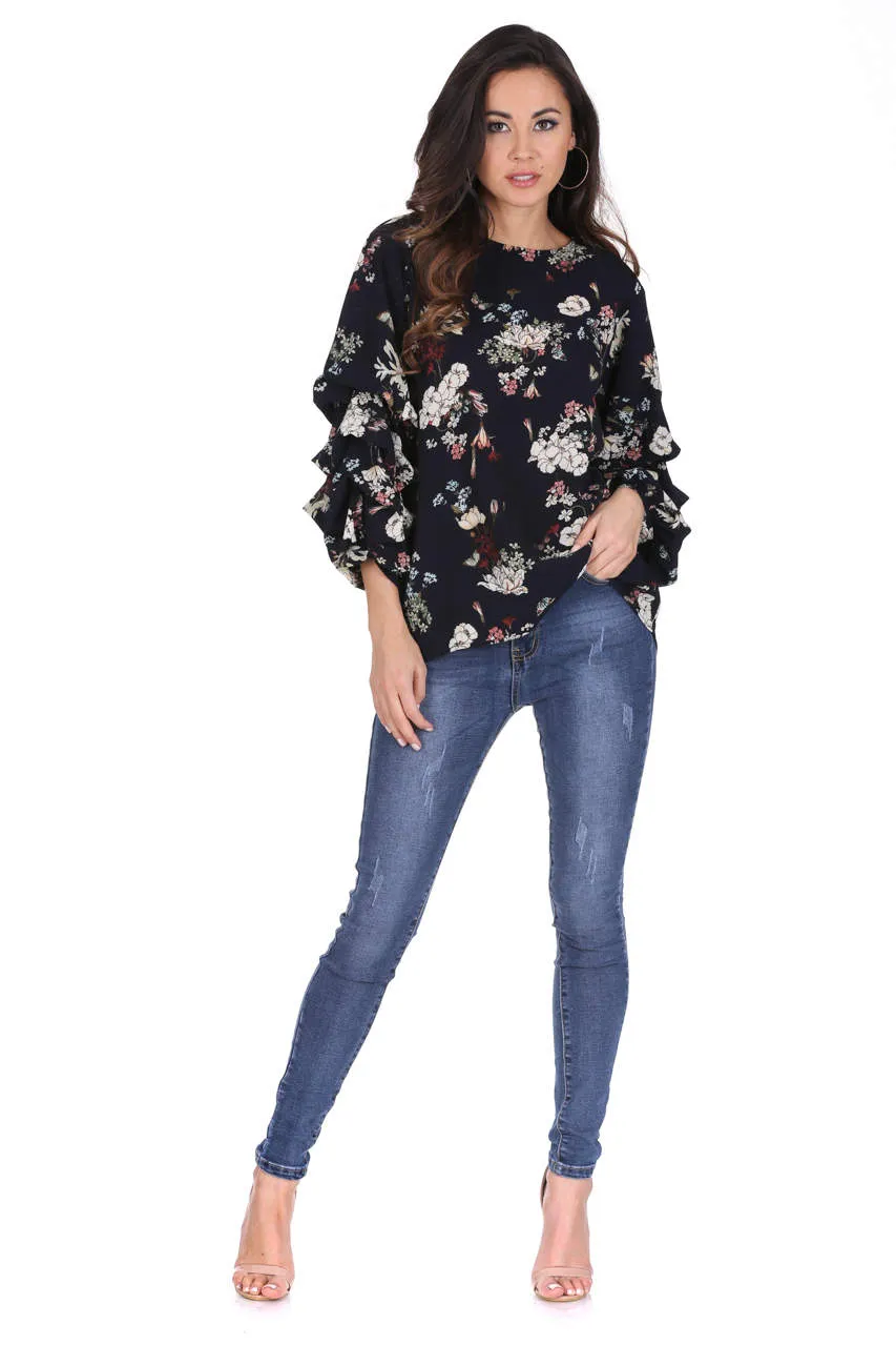 Navy Floral Ruched Sleeved Top sold by AX Paris product image thumbnail 2