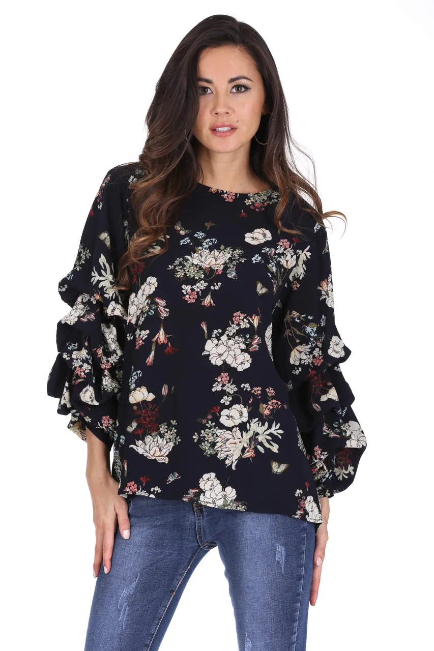 Navy Floral Ruched Sleeved Top sold by AX Paris