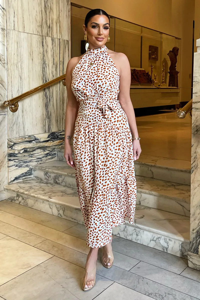 Cream And Brown Print High Neck Tie Belt Midi Dress sold by AX Paris