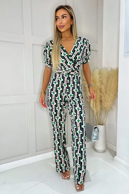 Green And Blue Geometric Multi Printed Wrap Top Belted Jumpsuit sold by AX Paris