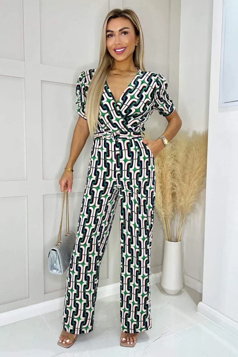 Green And Blue Geometric Multi Printed Wrap Top Belted Jumpsuit sold by AX Paris product image thumbnail 2