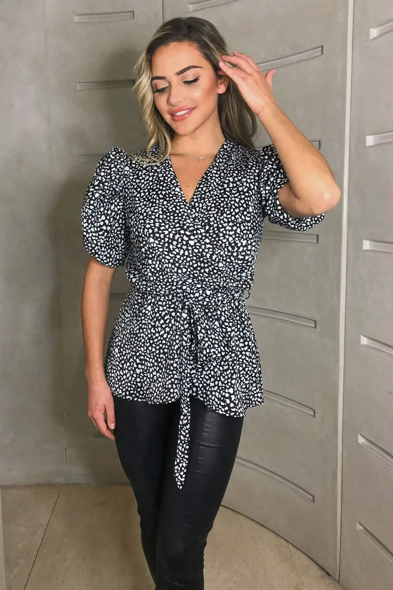 Black Printed Short Ruffle Sleeve Wrap Top sold by AX Paris product image thumbnail 3