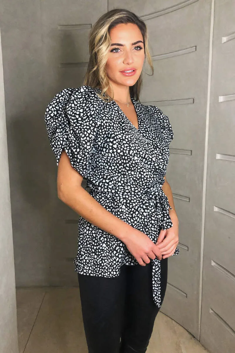 Black Printed Short Ruffle Sleeve Wrap Top sold by AX Paris product image thumbnail 4