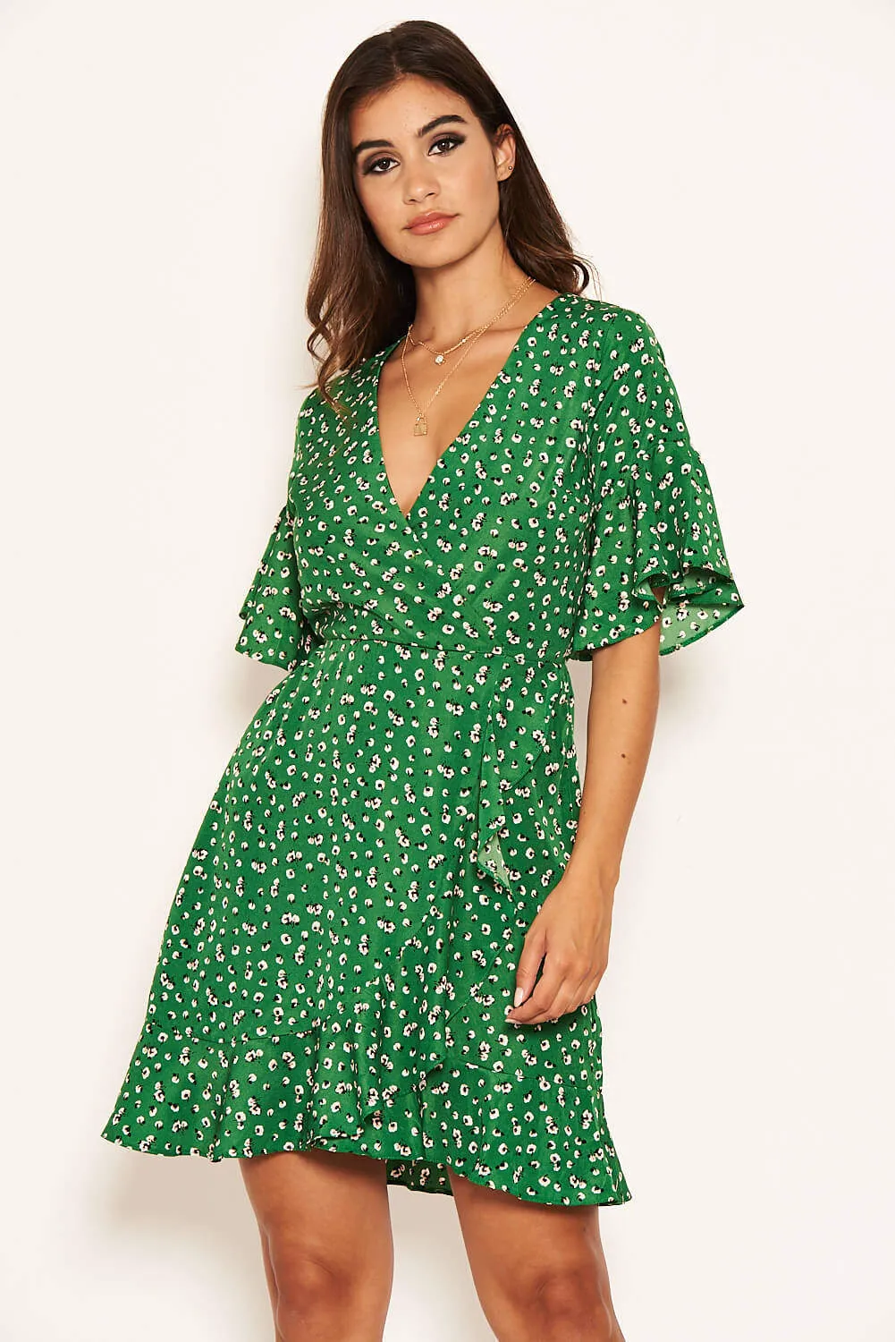 Green Patterned Wrap Frill Mini Dress sold by AX Paris product image thumbnail 5