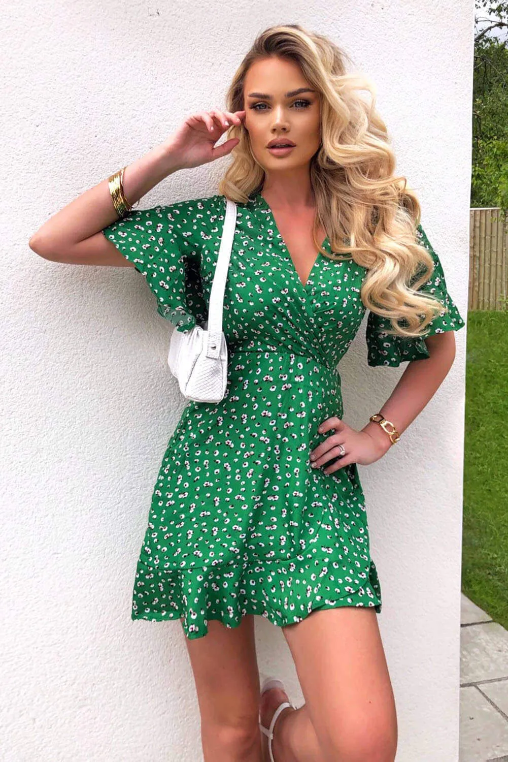 Green Patterned Wrap Frill Mini Dress sold by AX Paris product image thumbnail 2