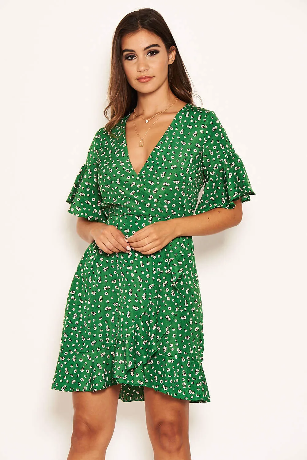 Green Patterned Wrap Frill Mini Dress sold by AX Paris product image thumbnail 4