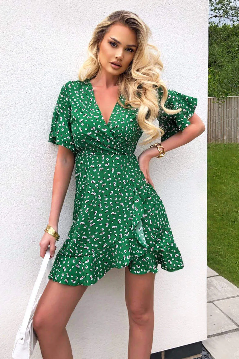 Green Patterned Wrap Frill Mini Dress sold by AX Paris