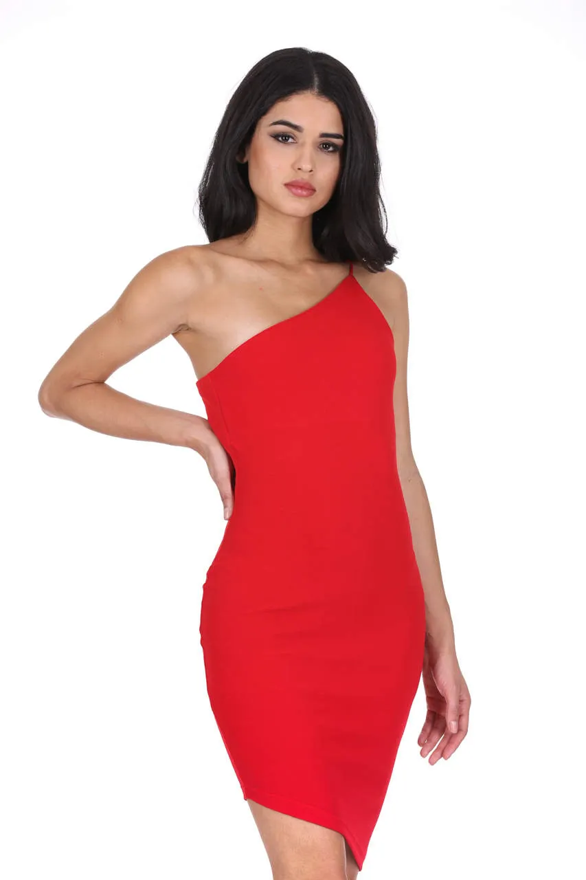 Red Off The Shoulder Asymmetric Hem Dress sold by AX Paris