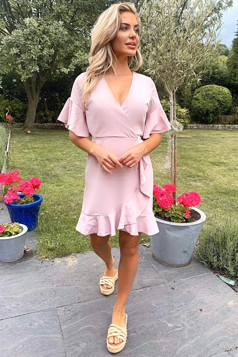 Nude Frill Sleeve Wrap Mini Dress sold by AX Paris product image thumbnail 2