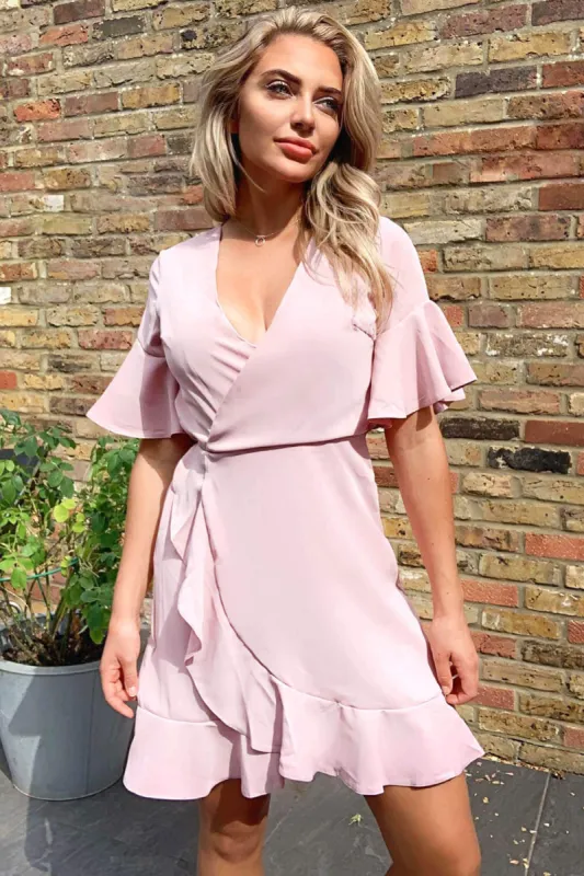 Nude Frill Sleeve Wrap Mini Dress sold by AX Paris