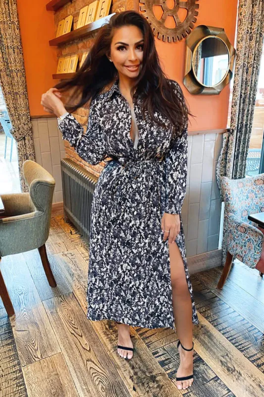 Black Printed Button Up Midi Dress sold by AX Paris