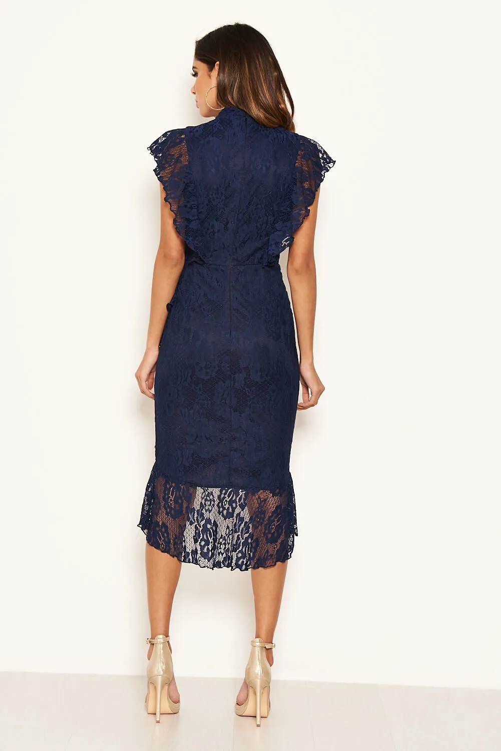 Navy Lace Fish Tail Frill Sleeve Midi Dress sold by AX Paris product image thumbnail 5