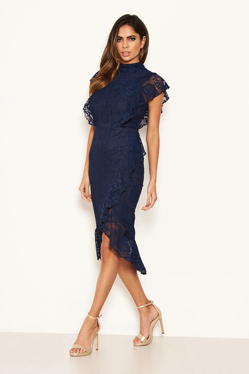 Navy Lace Fish Tail Frill Sleeve Midi Dress sold by AX Paris product image thumbnail 2