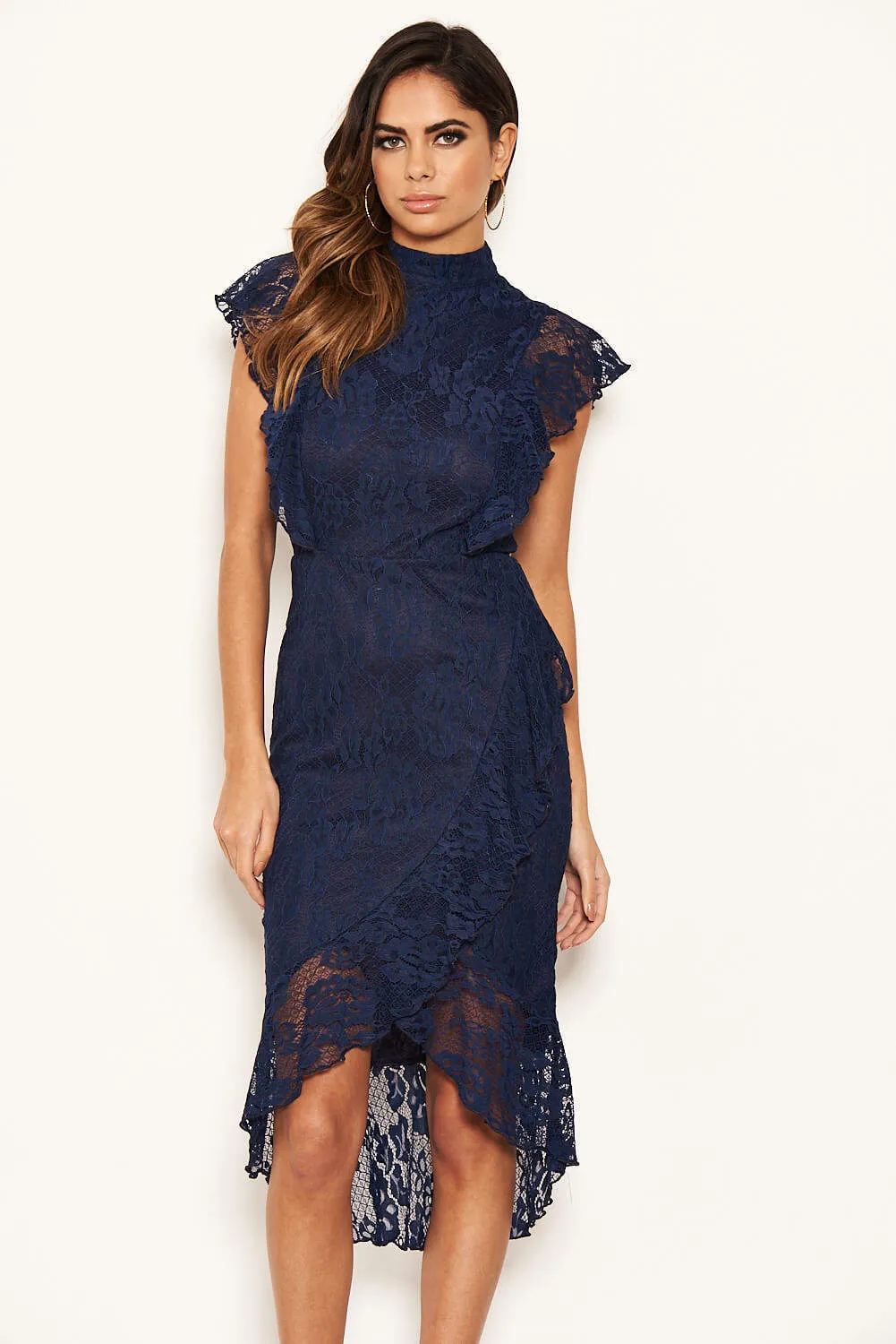 Navy Lace Fish Tail Frill Sleeve Midi Dress sold by AX Paris product image thumbnail 3