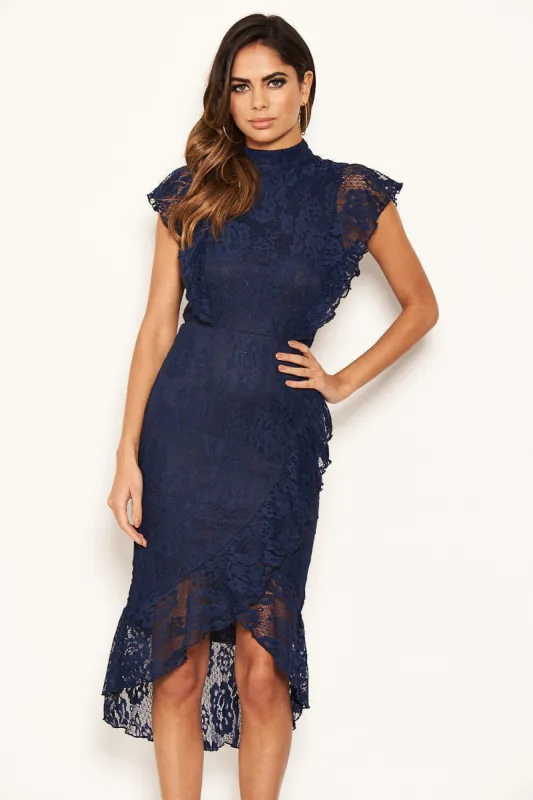 Navy Lace Fish Tail Frill Sleeve Midi Dress sold by AX Paris