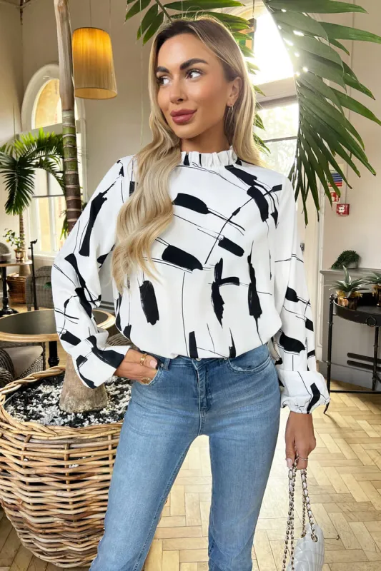 Black And White Printed High Neck Long Sleeve Top sold by AX Paris