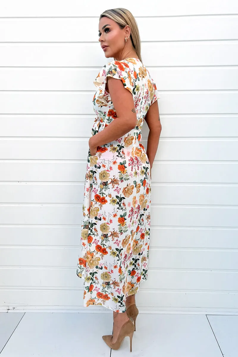 Cream Floral Print Short Sleeve Belted Wrap Midi Dress sold by AX Paris product image thumbnail 4