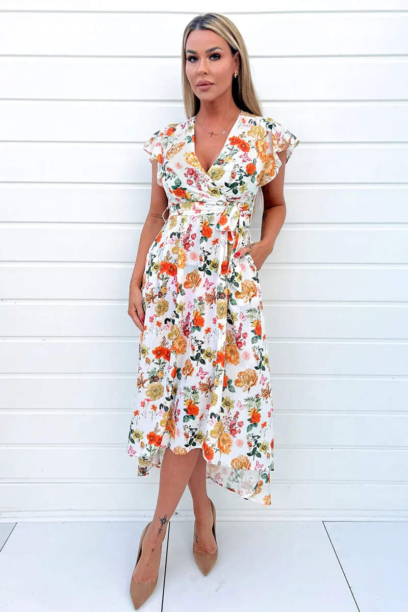 Cream Floral Print Short Sleeve Belted Wrap Midi Dress sold by AX Paris product image thumbnail 2