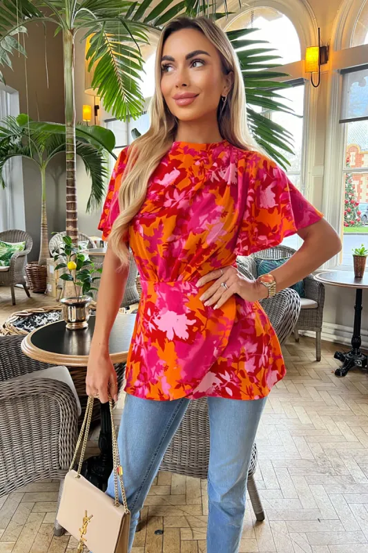 Pink And Orange Floral Printed High Neck Top sold by AX Paris