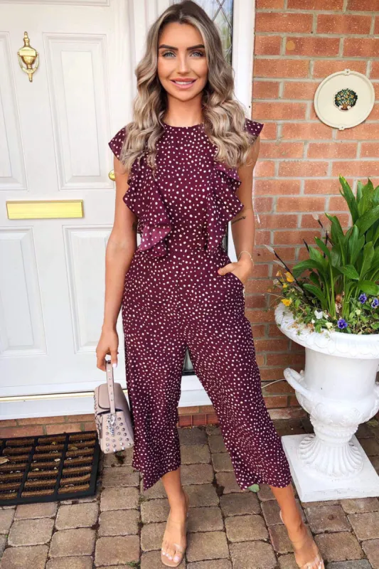 Plum Polka Dot Frill Front Jumpsuit sold by AX Paris