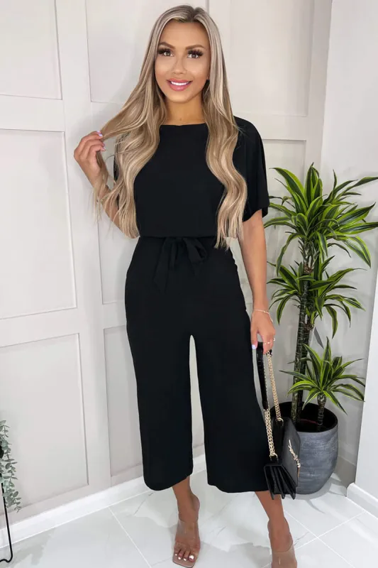 Black Tie Waist Short Sleeve Culotte Jumpsuit sold by AX Paris
